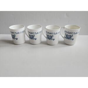 Corning, Blue Hearts, 4 tall mugs, straight side, USA, Vitrelle, set